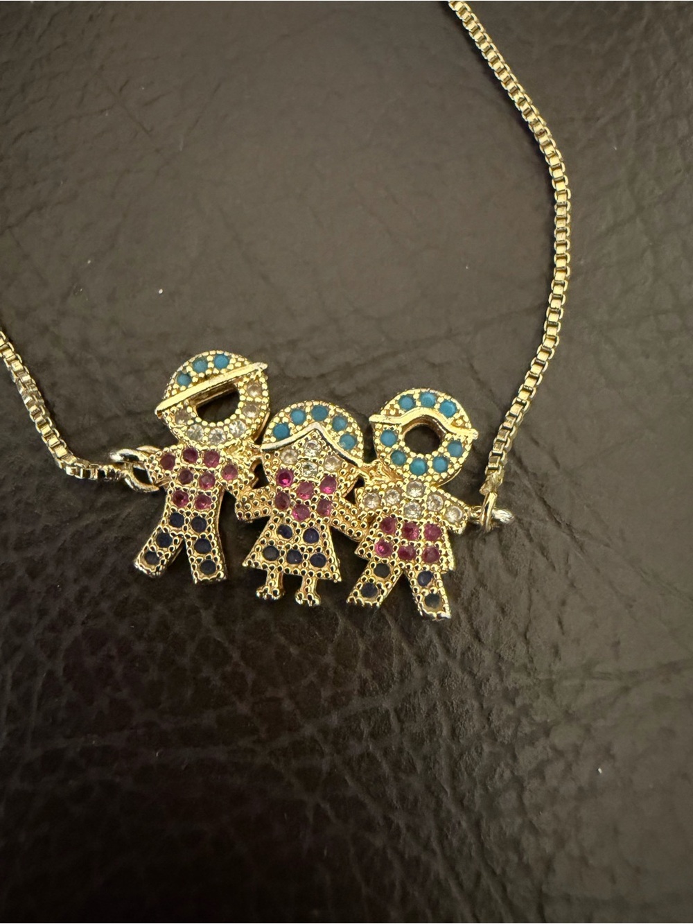 Gold-tone Family Pendant Necklace with Blue and Pink Stones